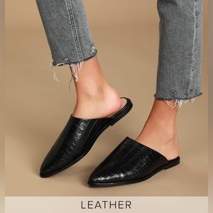 Impersonate Black Crocodile-Embossed Leather Pointed-Toe Mules Sz 8